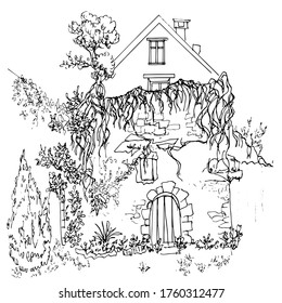 French architecture. Linear sketch of  old house covered with greenery and tree roots in the village of Montresor. Loire valley.Hand-drawn.Coloring pages for children and adults.For postcards, design.