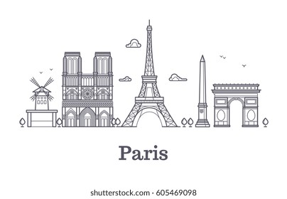 French architecture, paris panorama city skyline vector outline illustration. Paris linear architecture, famous paris place