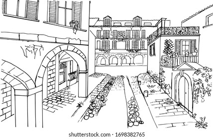 French architecture.Nice old street in the city of La Rochelle .Vector drawing in the style of the sketch. For illustration in an art textbook, coloring book for children and adults.