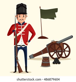 French Army Soldier With Musket Near Pyramid Of Cannonballs And Flag In Ground. Warrior In Uniform With Rifle. Perfect Fit For Historical Book Illustration, Revolution And Independence Theme