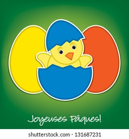 French Baby Chick and eggs Easter card in vector format