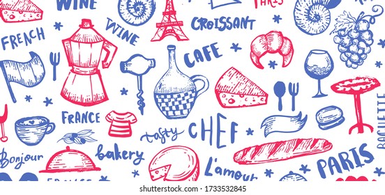 French background, france pattern frame, doodle hand drawn croissant, paris decoration, cafe banner