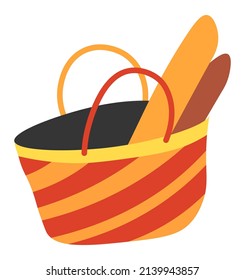 French baguette in basket, freshly baked pastry in bakery shop or store. Assortment at market, food for picnic, nutrition and diet. Breakfast or lunch, buying organic meal. Vector in flat style