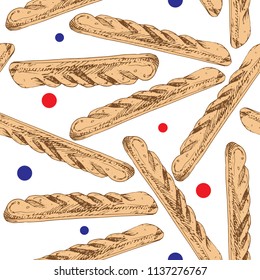 French baguette bread pastry pattern set surrounded by spots in colors of France illustration