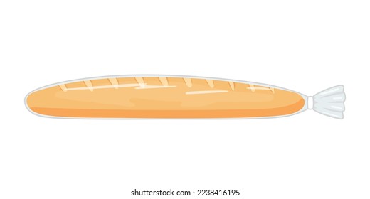 French baguette bread in plastic transparent packaging. Pastry bread from wheat in pack bag with clip, bakery food. Long loaf. Vector illustration