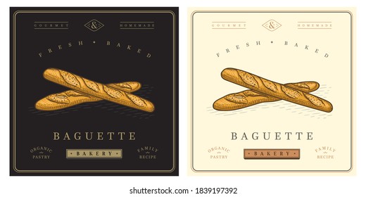 French Baguette Bread Retro Vintage Logo Illustration