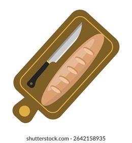 French baguette bread served on a wooden cutting board with a knife beside it to cut the bread. Baguette bread for breakfast or a snack at a picnic.