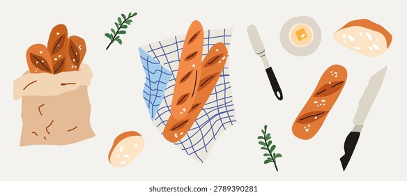 French baguette bread vector illustration set with butter knife, baking cloth, and rosemary. Cute hand drawn flat design clipart elements for bakery menu, cafe branding, and culinary recipe website.