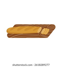 French baguette in flat design. Fresh crusty bread for morning breakfast. Vector illustration isolated.
