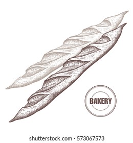 French baguette. Hand drawing a bread product. Vector illustration of food. Kitchen design for the confectionery and bakery, cafe, restaurant, menu. Vintage.