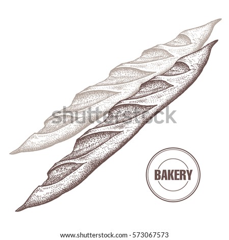 French baguette. Hand drawing a bread product. Vector illustration of food. Kitchen design for the confectionery and bakery, cafe, restaurant, menu. Vintage.