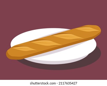 French baguette illustration isolated. Loaf of breat, flat design, on a plate. Vector.