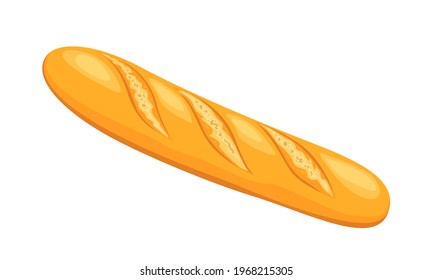 French baguette isolated on white background. Vector illustration of fresh bread in cartoon flat style. Baking icon.