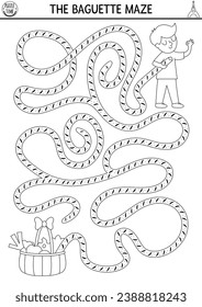 French baguette maze. Funny France black and white labyrinth for kids with traditional pastry. Preschool printable activity. Labyrinth game, puzzle, coloring page with long bread and boy
