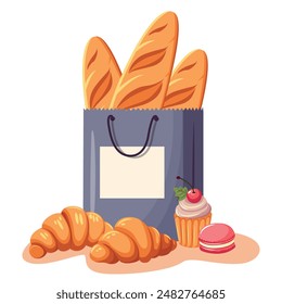 Französisches Baguette in einer Papiertüte. Croissants, Cupcake und Macaron. Das Konzept des französischen Gebäcks. Vektorillustration im Cartoon-Stil.