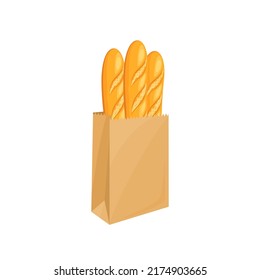 French baguette in paper bag isolated on white background. Vector illustration of fresh bread in cartoon flat style.