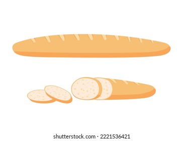 French baguette, pastry bread from wheat, bakery food. Long loaf with cut slice. Vector illustration