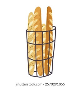 French baguettes in basket. Fresh bakery, baked whole cereal wheat bread sticks with crust. Homemade food. Bagette, breakfast product. Flat vector illustration isolated, vector hand drawn.