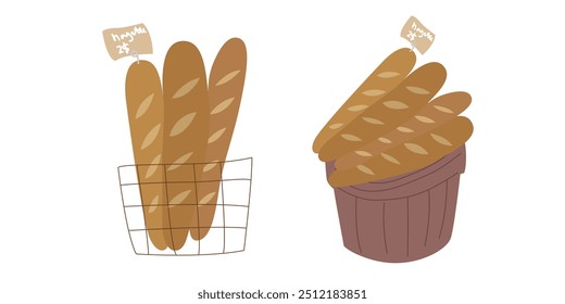 Vector de baguettes francés en una cesta de mimbre con una etiqueta de Precio en estilo plano. Pan tradicional horneado. Baguette para el diseño del menú de la panadería. 