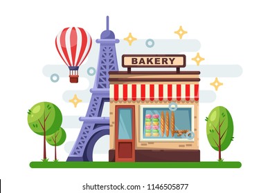 French Bakery Building With Baguette, Macarons, Croissant On Shop-window. Paris Cityscape With Eiffel Tower And Street Cafe. Vector Flat Illustration.