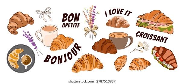 French bakery collection featuring croissants, coffee cups, sandwiches, breakfast elements, flowers and hand drawn lettering in playful style for cafe branding,menus, packaging and food designs.Vector