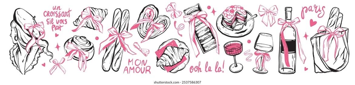 French bakery dessert icon set, vector Paris croissant baguette macaroon doodle illustration, wine. Elegant coquettish breakfast, pink ribbon bow, girly hand drawn line art. French bakery collection