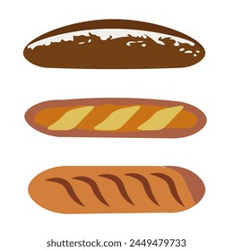 French bakery featuring baguettes with shades of brown and powdered sugar, in vector art