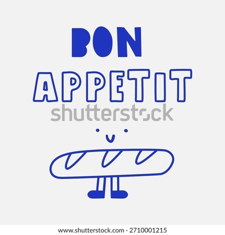 French Bakery Illustration. Vector outline of baguette character with text Bon Appetit. For branding, bakery window displays and French cafe graphics.