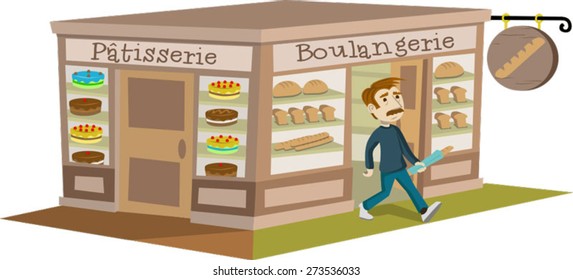 A French Bakery. A man is leaving holding a baguette.