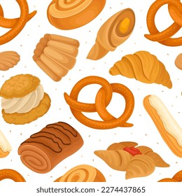 French Bakery and Pastry Seamless Pattern Design with Sweet Dough Products Vector Template