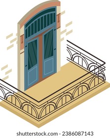 French Balcony in the Modern Interpretation and Decoration isometric Concept Vector color Icon Design, balcony window front view symbol, House exterior idea with vintage and classic balconies stock 