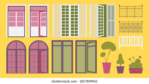 French balcony set. Flat collection with open and closed exterior door elements, railing and trees good for decoration isolated on yellow background