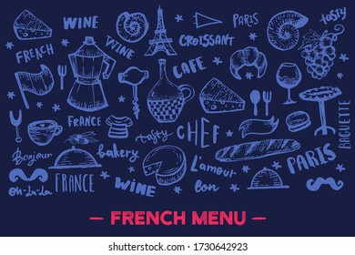 French banner design, france pattern frame on chalkboard, doodle hand drawn croissant, paris decoration, cafe banner