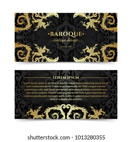 French baroque elegant ornate flyers. Luxurious gold ornamental banner design. Vintage fancy ornament decoration. Pathetic retro embellishment. Silky black background. Vector brochure template