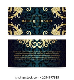 French baroque elegant ornate flyers. Luxurious gold ornamental banner design. Vintage fancy ornament decoration. Pathetic retro embellishment. Silky dark background. Vector brochure template