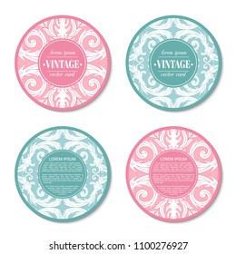 French baroque elegant ornate round visiting cards. Luxurious fashionable ornamental flyer design. Vintage fancy ornament decoration. Pathetic retro embellishment. Circle vector brochure template