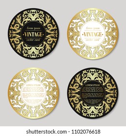 French baroque elegant ornate round visiting cards. Luxurious fashionable ornamental flyer design. Vintage fancy ornament decoration. Pathetic retro embellishment. Circle vector brochure template