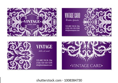 French baroque elegant ornate violet visiting cards. Luxurious fashionable ornamental flyer design. Vintage fancy ornament decoration. Pathetic retro embellishment. EPS 10 vector brochure template