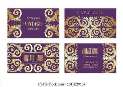 French baroque elegant ornate violet visiting cards. Luxurious fashionable ornamental flyer design. Vintage fancy ornament decoration. Pathetic retro embellishment. EPS 10 vector brochure template