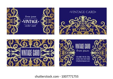 French baroque style elegant ornate visiting cards. Luxurious fashionable gold ornamental flyer design. Vintage fancy ornament decoration. Pathetic retro embellishment. EPS 10 vector brochure template