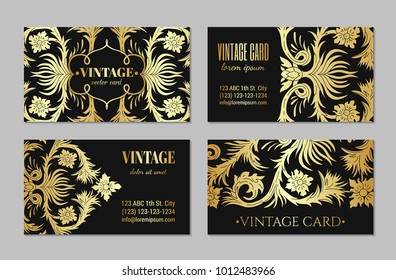 French baroque style elegant ornate visiting cards. Luxurious fashionable gold ornamental flyer design. Vintage fancy ornament decoration. Pathetic retro embellishment. EPS 10 vector brochure template