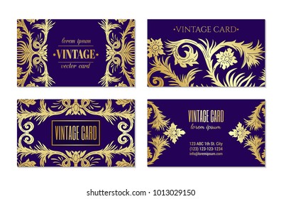French baroque style elegant ornate visiting cards. Luxurious fashionable gold ornamental flyer design. Vintage fancy ornament decoration. Pathetic retro embellishment. EPS 10 vector brochure template