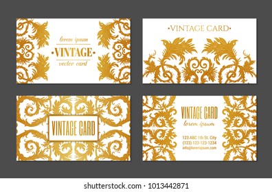 French baroque style elegant ornate visiting cards. Luxurious fashionable gold ornamental flyer design. Vintage fancy ornament decoration. Pathetic retro embellishment. EPS 10 vector brochure template