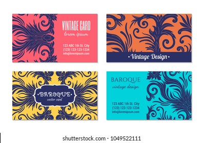 French baroque style elegant ornate visiting cards. Luxurious fashionable ornamental flyer design. Vintage fancy ornament decoration. Pathetic retro embellishment. EPS 10 vector brochure template