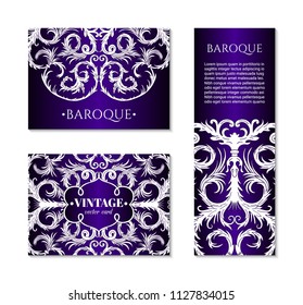 French baroque style elegant ornate visiting cards. Luxurious fashionable ornamental flyer design. Vintage fancy ornament decoration. Pathetic retro embellishment. EPS 10 vector brochure template