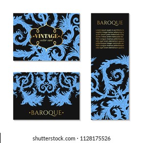 French baroque style elegant ornate visiting cards. Luxurious fashionable ornamental flyer design. Vintage fancy ornament decoration. Pathetic retro embellishment. EPS 10 vector brochure template