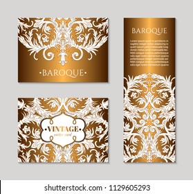 French baroque style elegant ornate visiting cards. Luxurious fashionable ornamental flyer design. Vintage fancy ornament decoration. Pathetic gold retro embellishment. EPS 10 vector brochure template