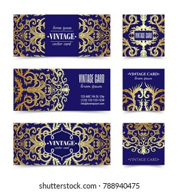 French baroque style elegant ornate visiting cards. Luxurious fashionable gold ornamental flyer design. Vintage fancy ornament decoration. Pathetic retro embellishment. EPS 10 vector brochure template