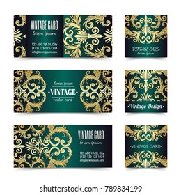 French baroque style elegant ornate visiting cards. Luxurious fashionable gold ornamental flyer design. Vintage fancy ornament decoration. Pathetic retro embellishment. EPS 10 vector brochure template