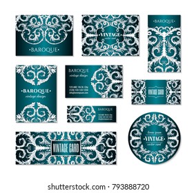 French baroque style elegant ornate visiting cards. Luxurious fashionable ornamental flyer design. Vintage fancy ornament decoration. Pathetic retro embellishment. EPS 10 vector brochure template